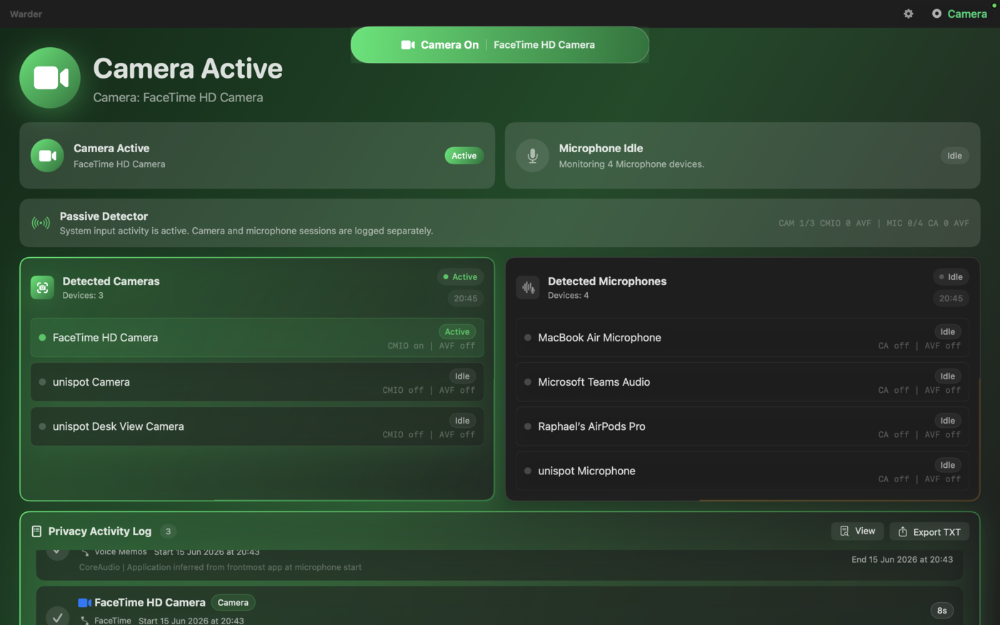 Warder control center showing Camera Active status and detected cameras on macOS