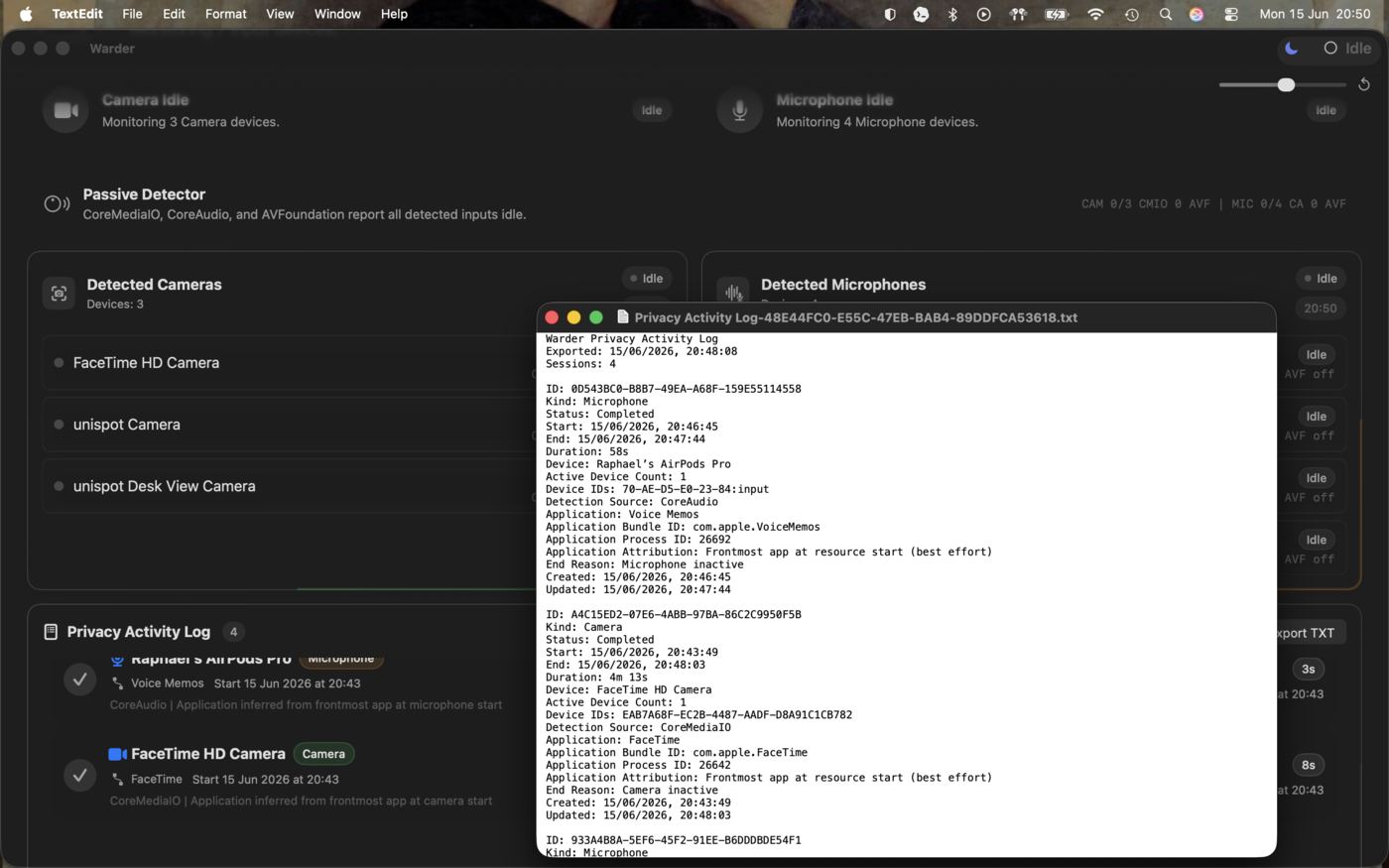 Warder privacy activity log exported to a text file