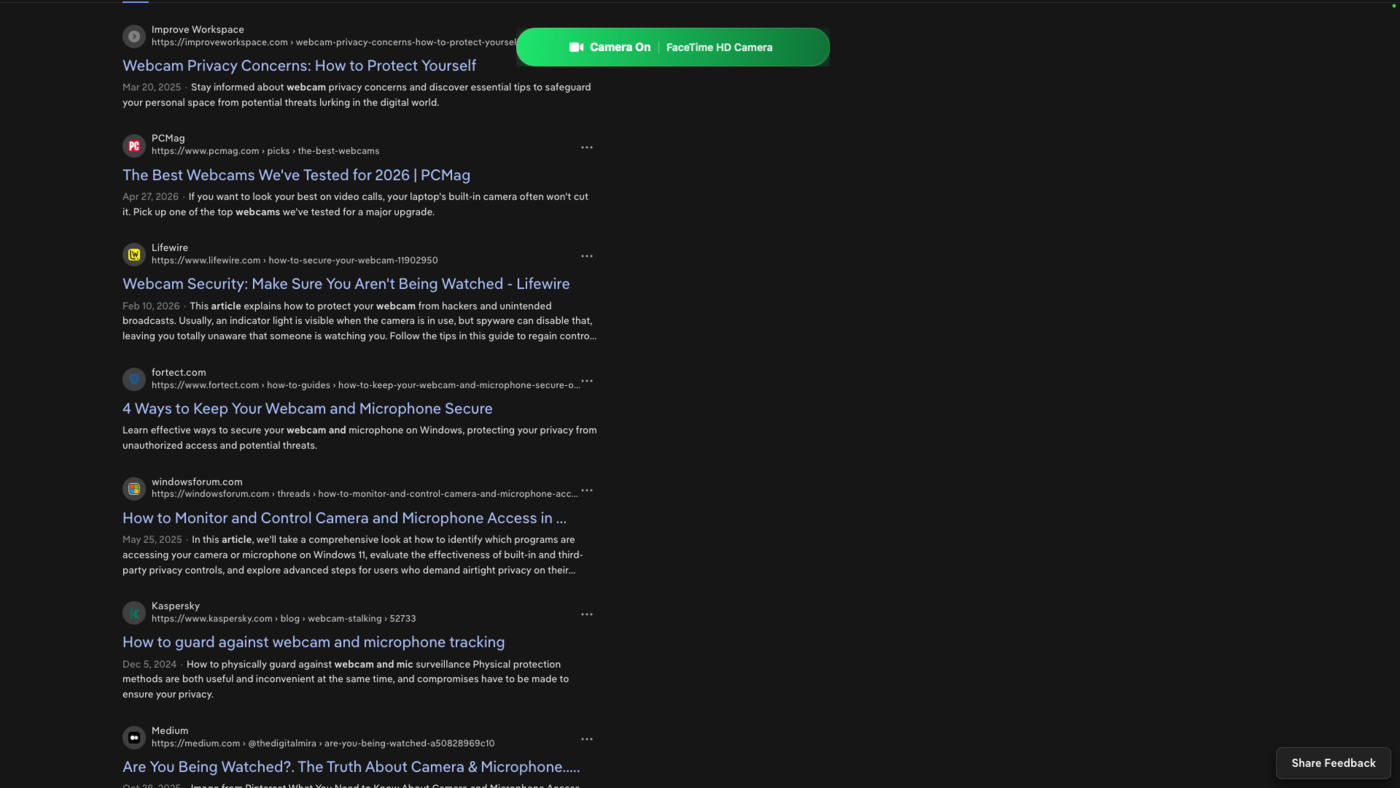 The Warder menu-bar indicator showing Camera On while another app is in use